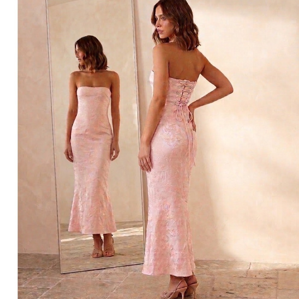 Princess Polly Lips Are Sealed Pink Floral Strapless Corset Mermaid Maxi HOCO 6